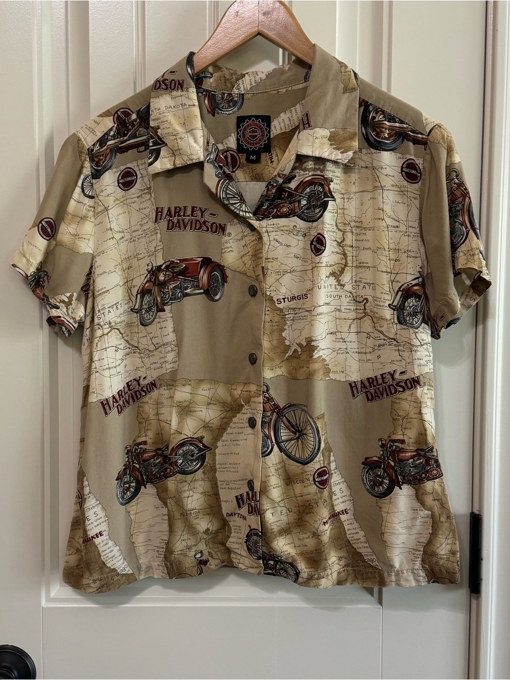 Vintage Harley Davidson Tori Richard Map Printed Rayon Shirt M